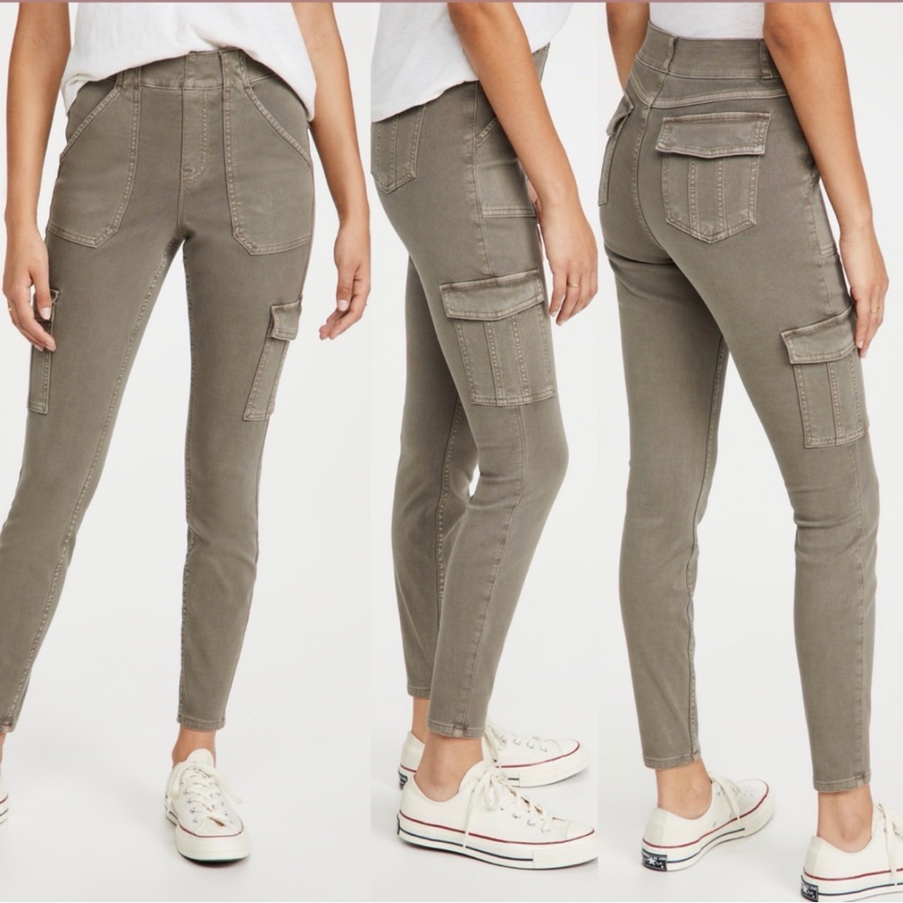 Spanx Dune Grey Stretch Twill High Rise Ankle Skinny Cargo Pants Size Medium